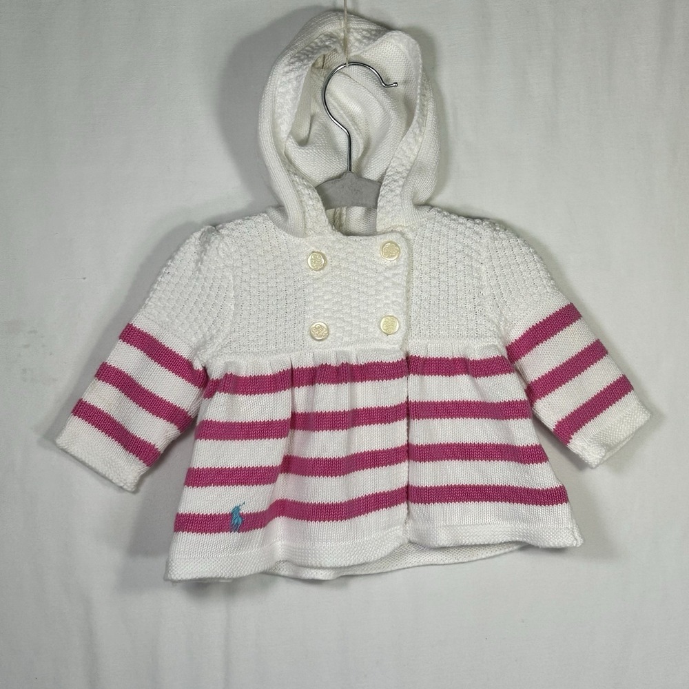 Polo Ralph Lauren Baby Girl Knit Hooded Cardigan Sweater Pink White Striped 3 Mo